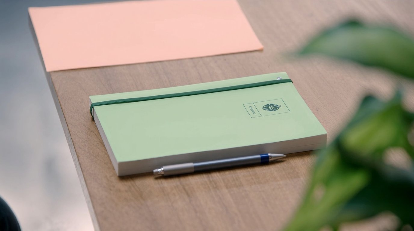 Notitieboek en plant op een rustig bureau