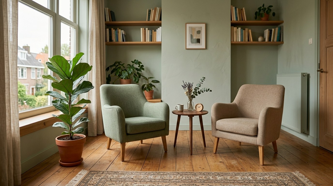 Rustige therapiekamer met twee stoelen